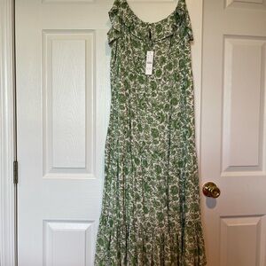 J. Crew Green and White Ruffled Tiered Maxi Sundress